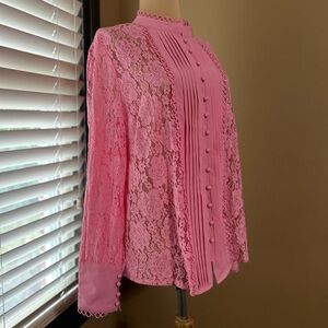 Boohoo Pink Sheer Lace Button-Up Blouse